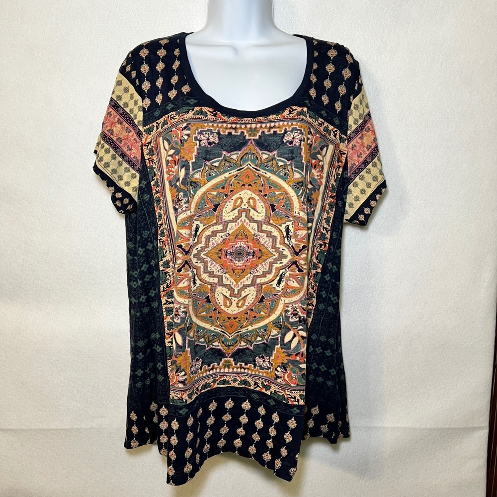 Lucky‎ Brand Navy Blue Hippie Boho Chic "Persian Carpet" Floral T-Shirt Women 2X